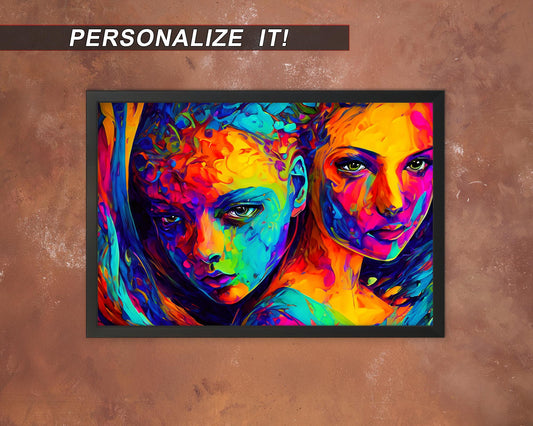 Abstract Colorful Portrait Sisters - High-Quality Print | Multiple Sizes | Optional Adhesive Backing | Unframed | Personalization Available