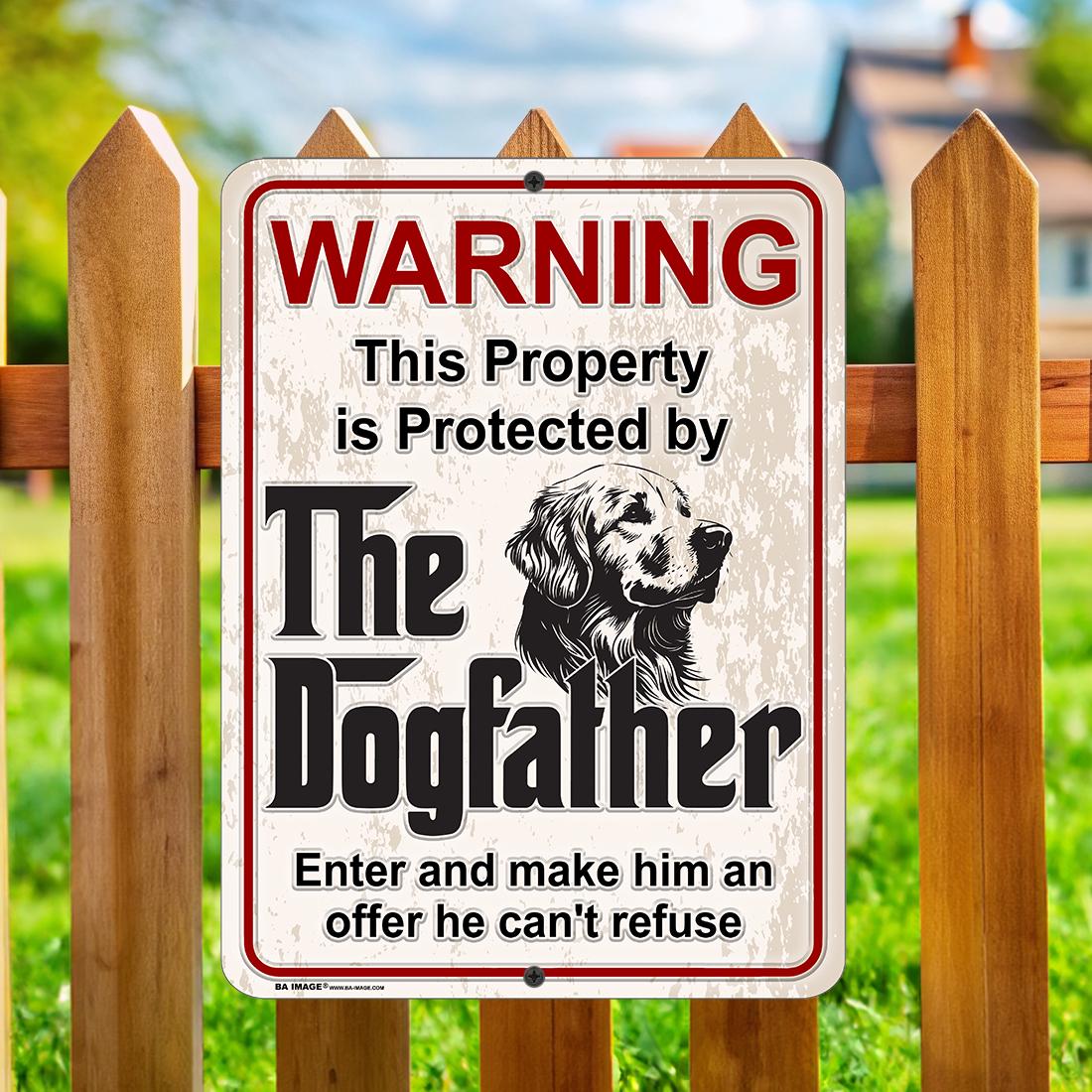 Golden Retriever DogFather Sign – Funny Beware of Dog Sign – Guard Dog Warning – Golden Retriever Lover Gift – Metal Yard Sign for Home
