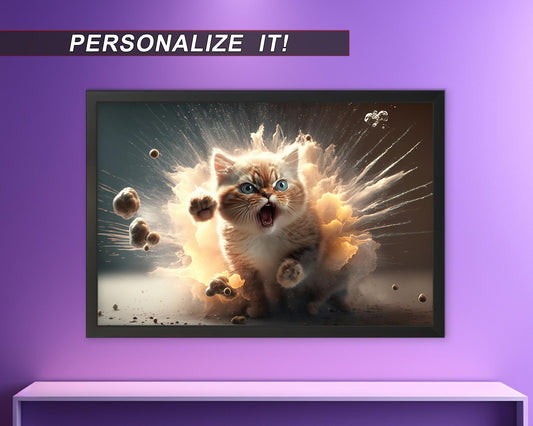 Crazy Exploding Cat Poster - High-Quality Print | Multiple Sizes | Optional Adhesive Backing | Unframed | Personalization Available