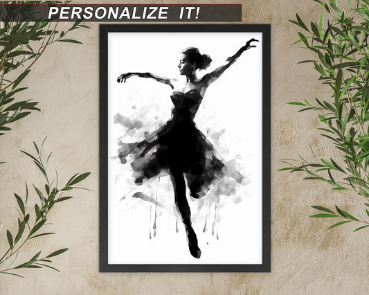 Ballerina – Black & White Watercolor Dance Art Poster | Multiple Sizes | Optional Adhesive Backing | Unframed | Personalization Available