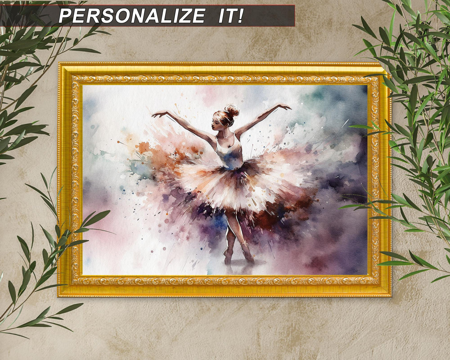 Graceful Ballerina – Watercolor Dance Wall Art Poster | Multiple Sizes | Optional Adhesive Backing | Unframed | Personalization Available