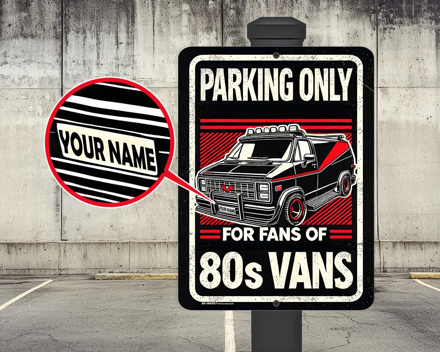 Parking for Fans of 80s Vans – Personalized Metal Sign | Retro TV-Inspired | Weatherproof | Indoor & Outdoor | Custom Name