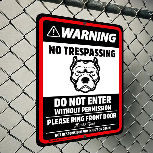 Warning No Trespassing Sign – Pit Bull Guard Dog Sign | Private Property Metal Sign | Durable Weatherproof Aluminum | Indoor & Outdoor Use