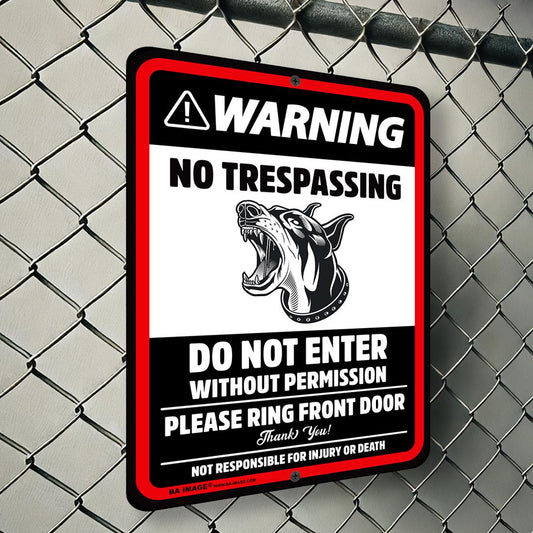 Warning No Trespassing Sign – Doberman Guard Dog Sign | Private Property Metal Sign | Durable Weatherproof Aluminum | Indoor & Outdoor Use