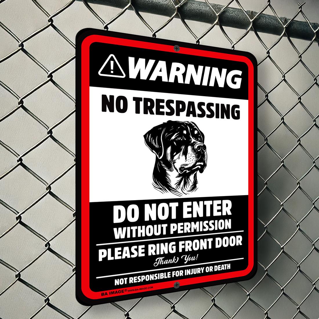 Warning No Trespassing Sign – Rottweiler Guard Dog Sign | Private Property Metal Sign | Durable Weatherproof Aluminum | Indoor & Outdoor Use
