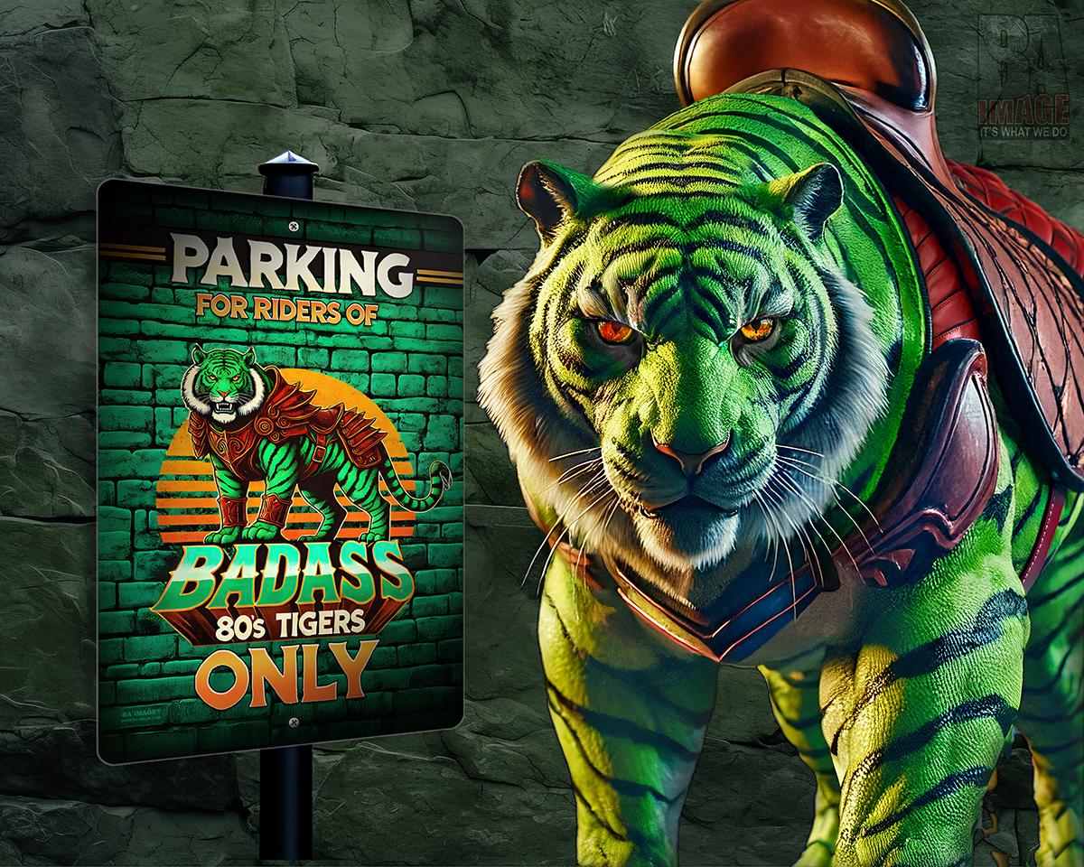 Badass 80s Green Tiger Parking Sign | Retro Fantasy Decor | Weatherproof Metal | Garage & Mancave Wall Art